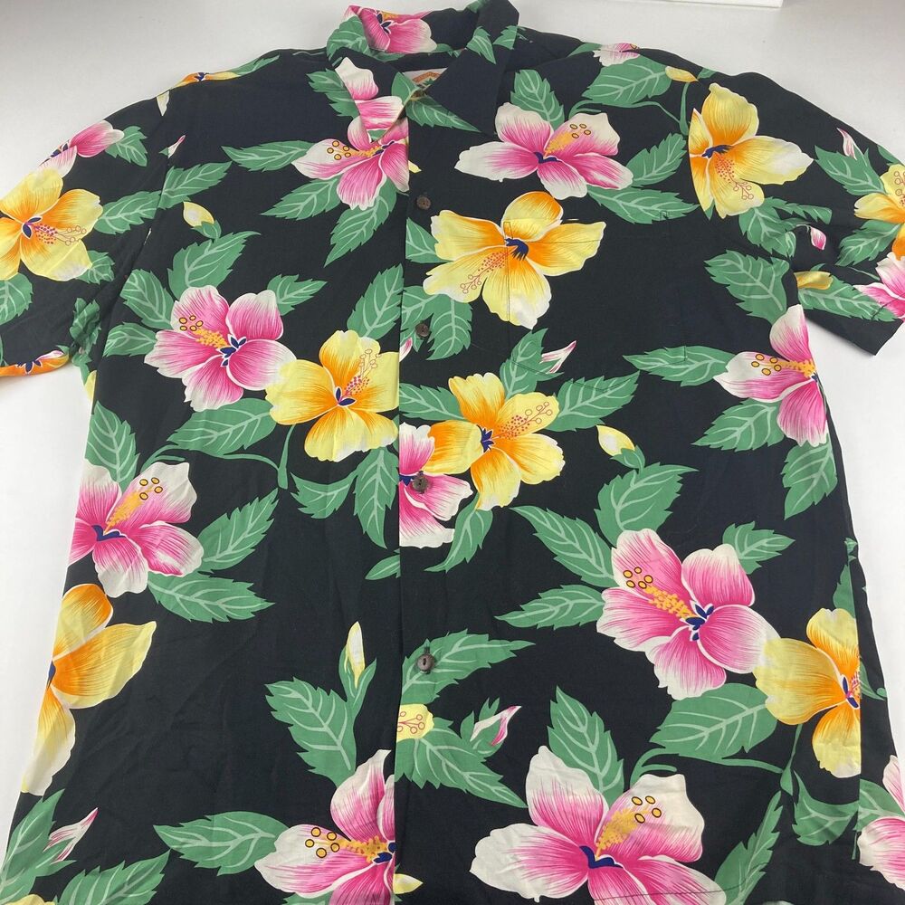 Pineapple Juice Hawaiian Shirt Men L Black Hibiscus Floral Rayon Made Hawaii USA